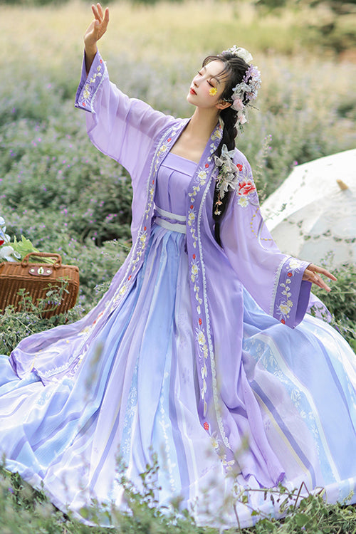 Purple Chinese Style Song Dynasty Exquisite Embroidery Three Piece Sweet Hanfu Dress