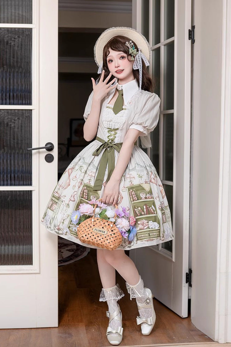 Multi-Color Short Sleeves Arlo's Book House Print Bowknot Sweet Princess Lolita Dress