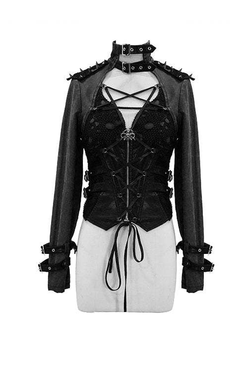 Black Spiked Zipper Up Punk Mesh Womens Coat With Loops