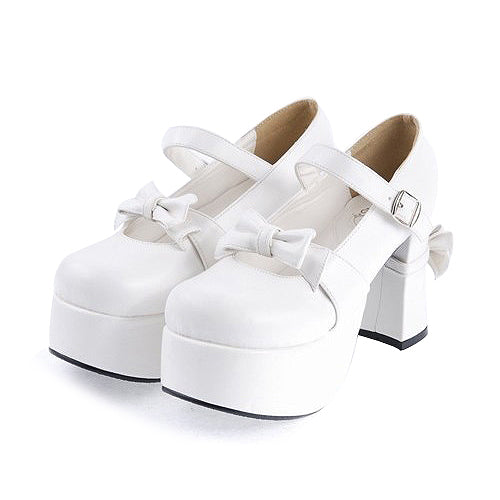White Patent Leather Round Toe Strap Bowknot Platform Lolita Shoes