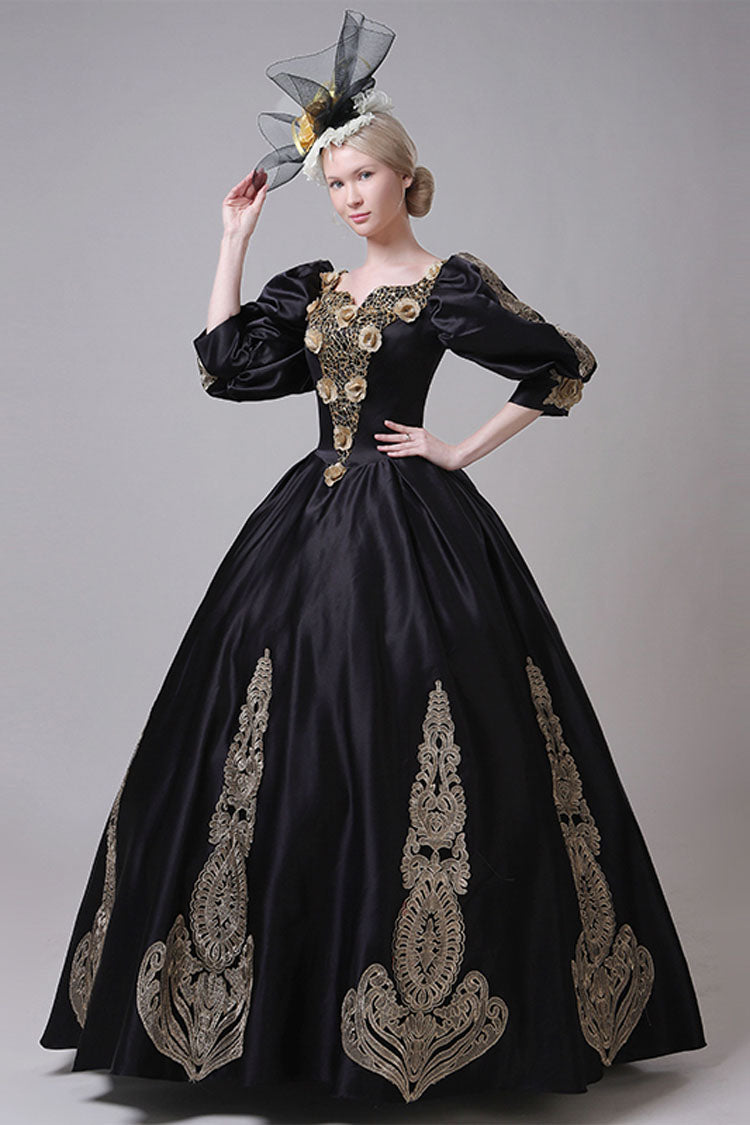Boat Neck Half Sleeves High Waisted Three Dimensional Golden Floral Hollow Print Victorian Lolita Prom Dress
