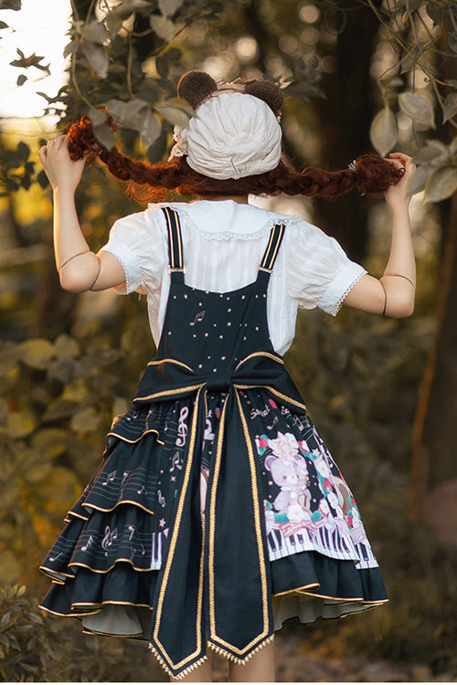Black Multi-Layer Ruffled Note Bear Print Sweet Lolita JSK Dress