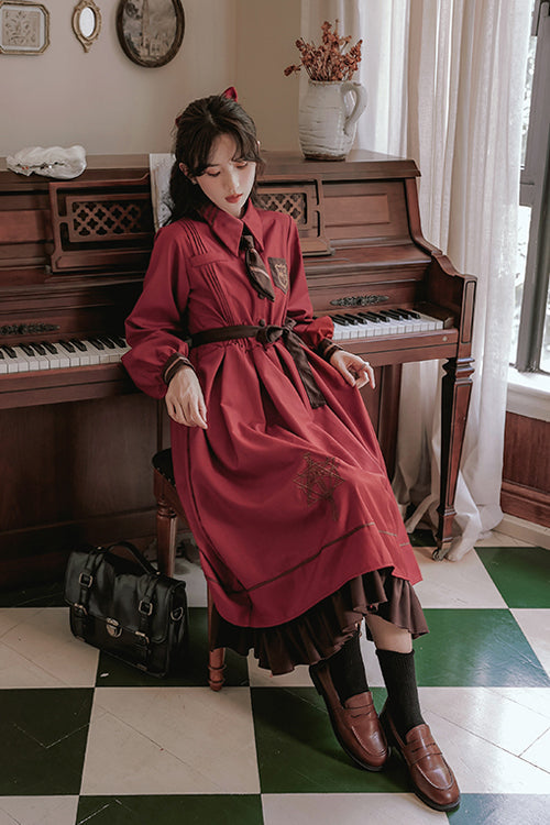 Vintage College Style Lapel Collar Long Sleeves Double Paneled Hem Sweet Lolita Dress
