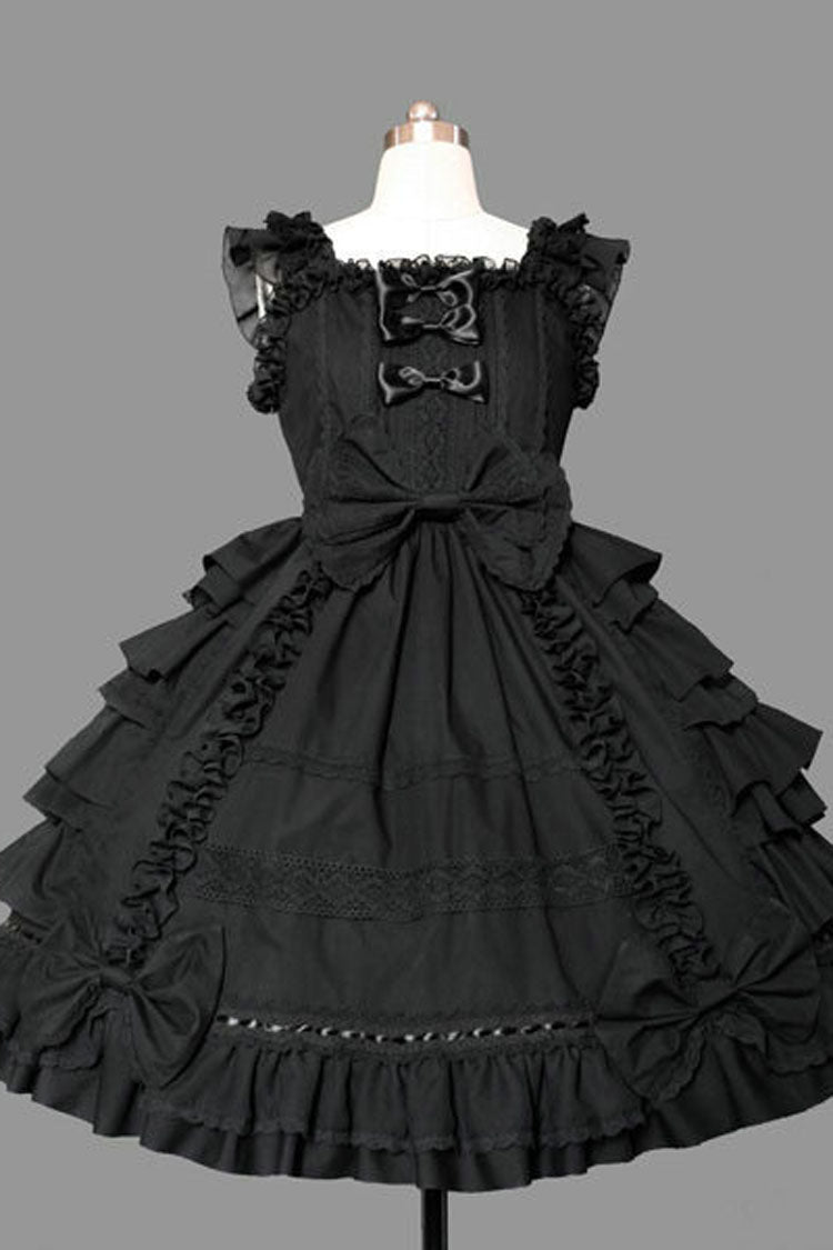 Black Lace Square Neck Cap Sleeve Knee Length Ruffled Bowknot Gothic Lolita Dress