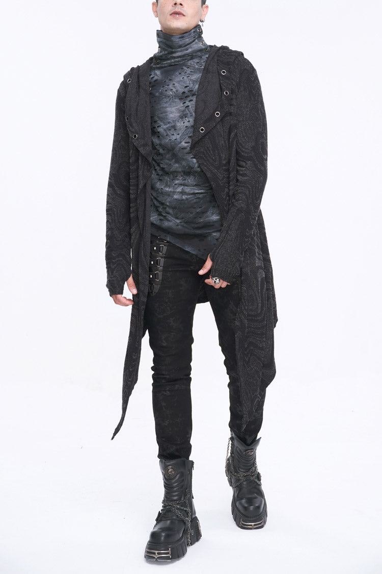 Black Lrregular Back Multi Chain Long Men's Gothic Coat With Hood