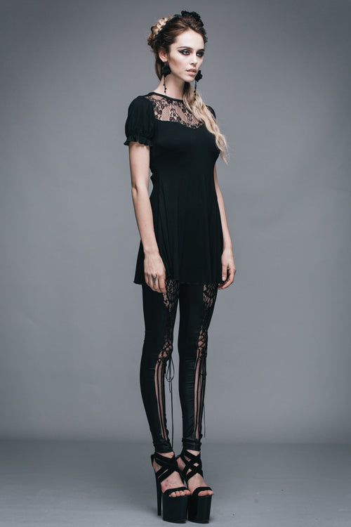 Schwarzes gemustertes, kurzärmliges Gothic-T-Shirt für Damen mit Spitzenkragen und mittellanger Länge