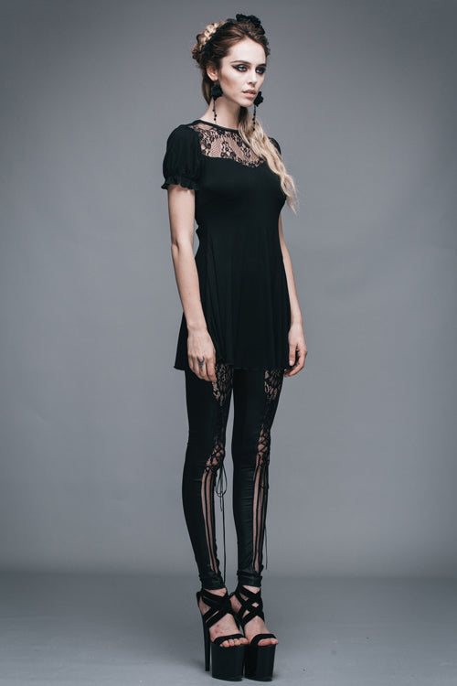 Black Patterned Lace Neck Short Sleeves Womens Mid-Length Gothic T-Shirt