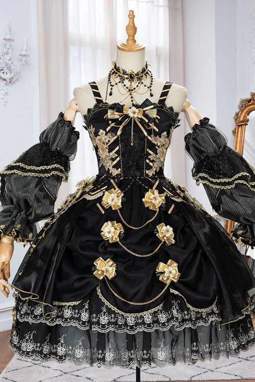 Black Vintage Elegant Court Style Embroidery Ruffled Classic Lolita JSK Dress