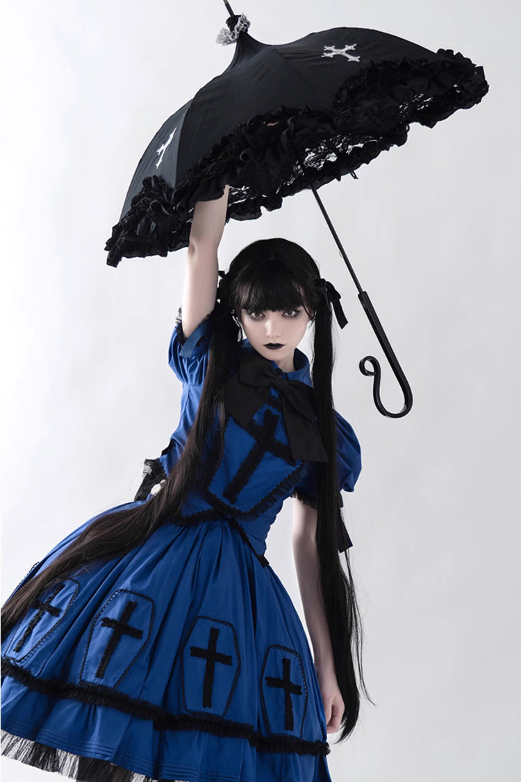 Blue Halloween Cross Short Puff Sleeves Two Pieces Gothic Lolita Dress