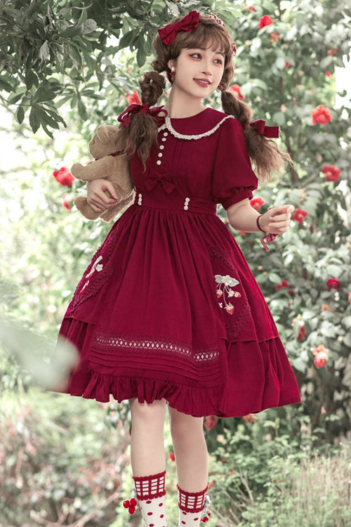Red Doll Collar Lantern Sleeves Ruffled Strawberry Embroidered Sweet Lolita Dress
