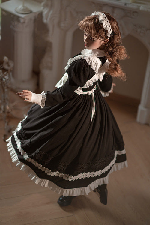 Black Lapel Collar Bowknot Long Sleeves Ruffled Sweet Lolita Maid OP Dress (Apron is included)