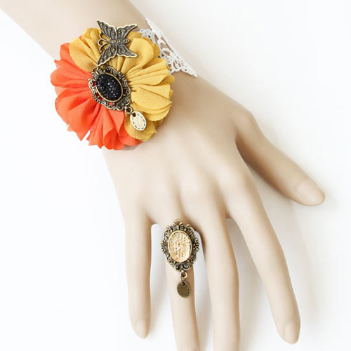 Retro Mode Persönlichkeit Schmetterling Weiß Spitze Orange Gelb Blume Weibliche Lolita Ring Armband