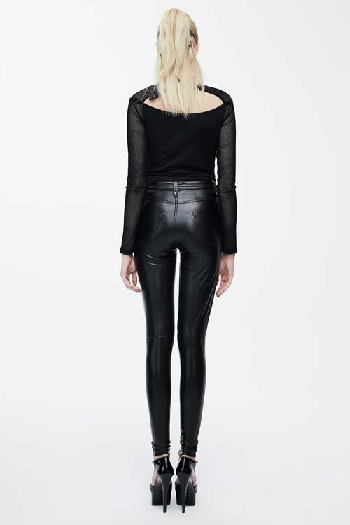 Black Hollow Out Cross Shaped Elastic Sexy Punk Tight Leather Womens Pants