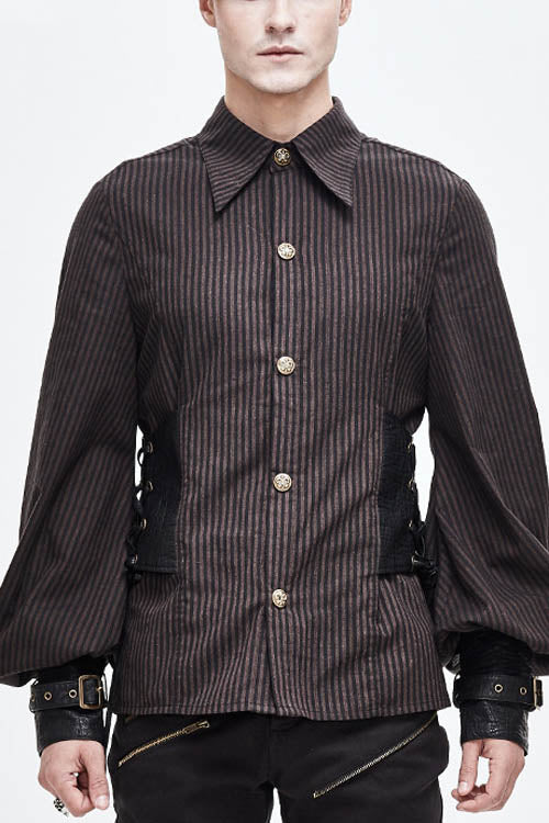 Brown Striped Waist Cuff Leather Mens Punk Blouse