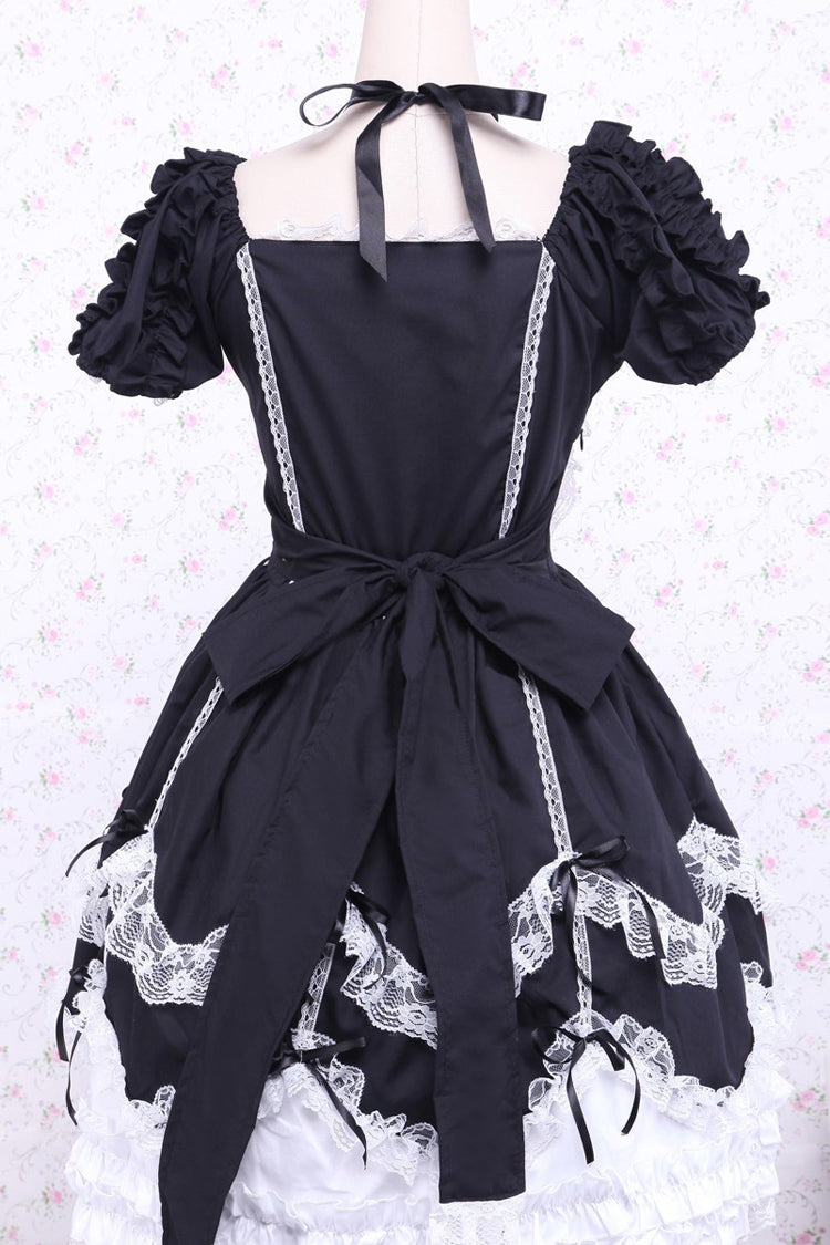 Black/White Cotton Square Collar Lace Trim Gothic Lolita Dress