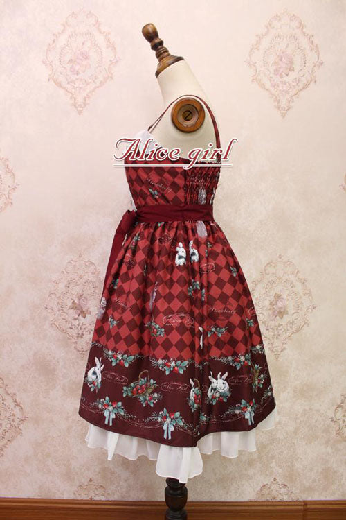 Strawberry Bunny Print Bowknot Ruffled Sweet Lolita JSK Dress 4 Colors