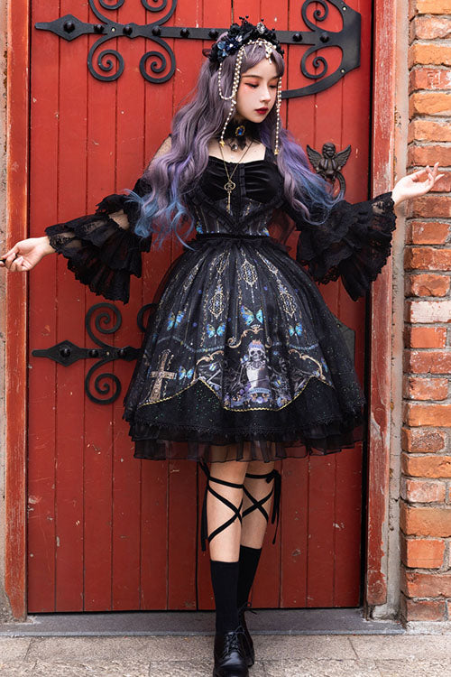 Black Square Collar Cemetery Butterfly Skull Print Lace Lantern Sleeves Multi-Layer Ruffled Gothic Lolita OP Dress