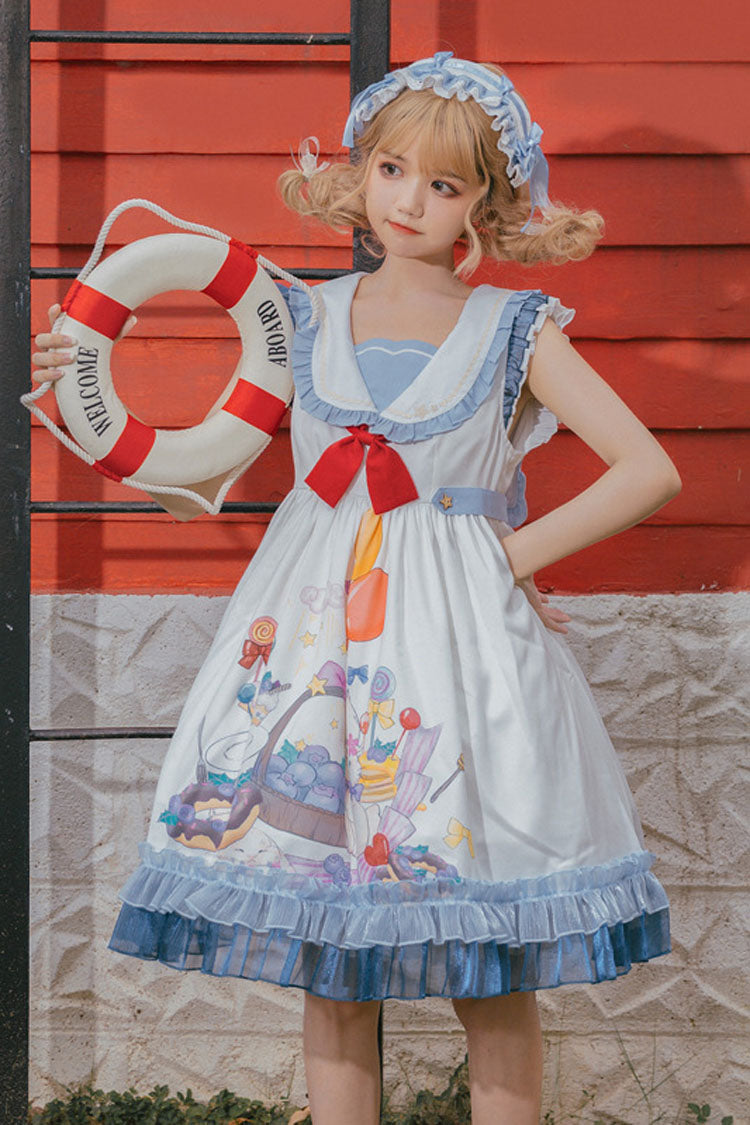 White/Blue Sailor Collar Delicious Food Print Ruffled Sweet Lolita Suspender Dress