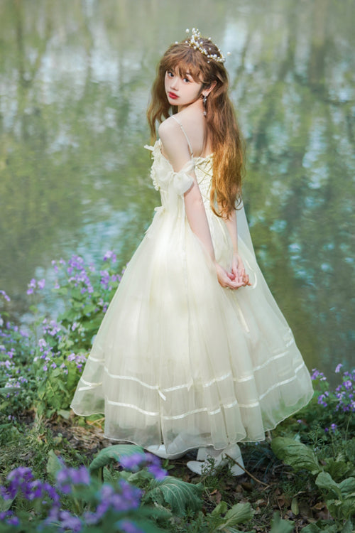 Beige Small Ballet High Waisted Bowknot Chiffon Short Version Sweet Lolita JSK Dress