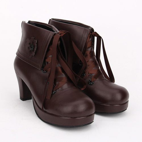 Brown Lace Up High Heel Classic Lolita Short Boots