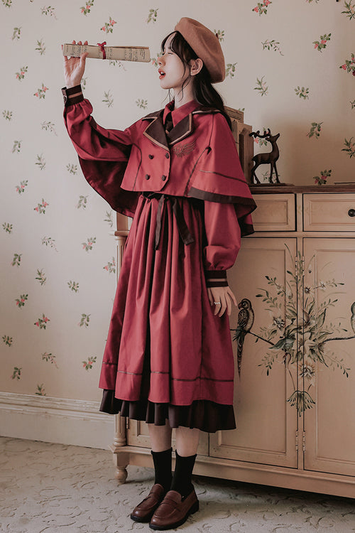Vintage College Style Lapel Collar Long Sleeves Double Paneled Hem Sweet Lolita Dress