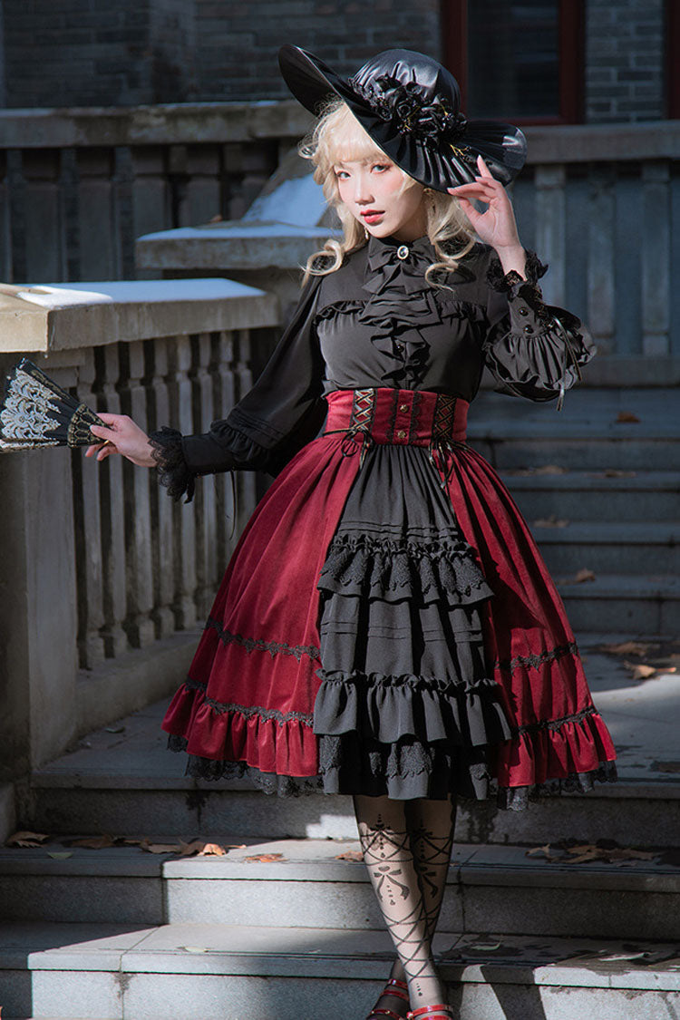 Black/Red Stitching Cardigan Ruffled Multi-Layer Gothic Lolita Skirt Dress
