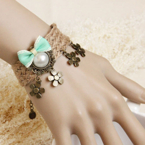 Retro Fashion Personality Artificial Pearl Flower Green Bow Female Hemp Rope Lolita Bracelet