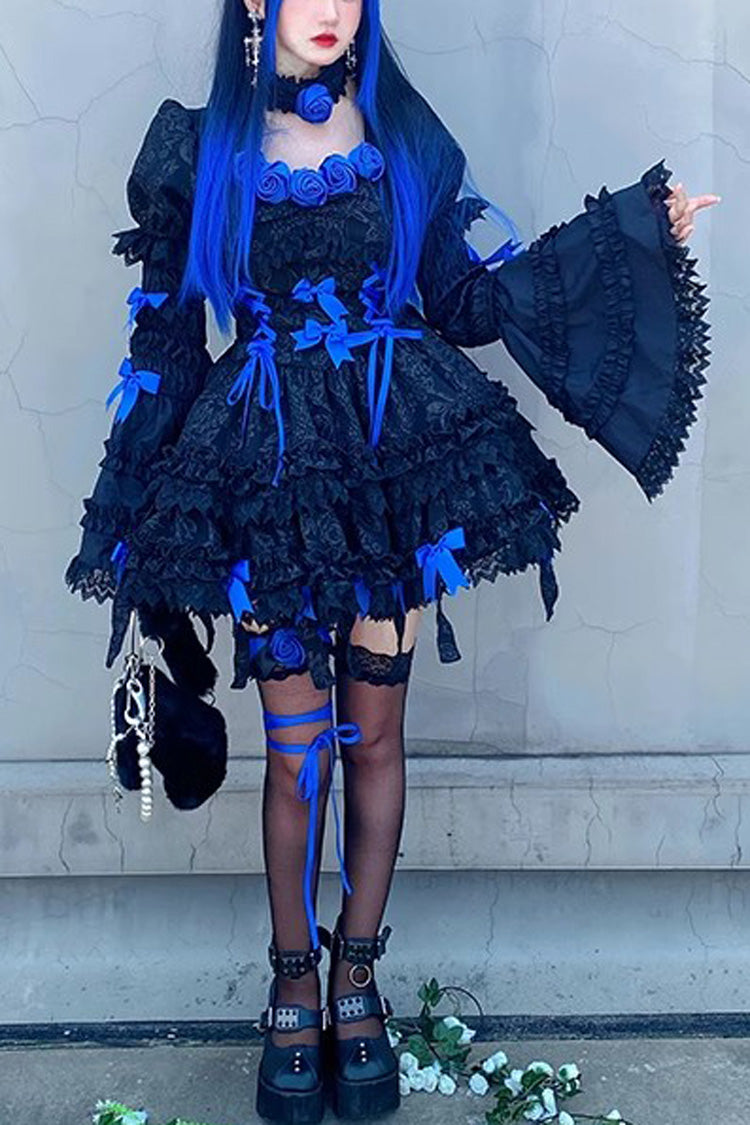 Black/Blue Puff Short Sleeves Princess Gothic Lolita Tiered Dress