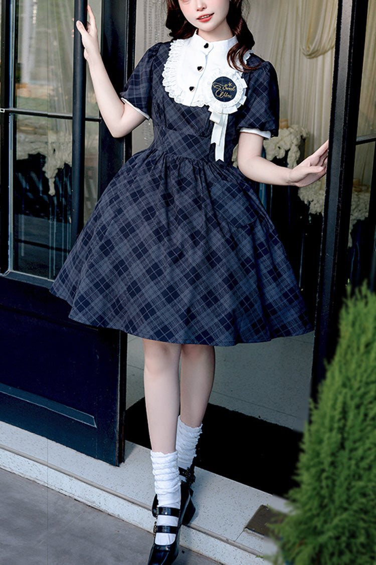 Showa Girls Summer Plaid Print Daily Short Sleeves Classic Princess Lolita Dress 2 Colors