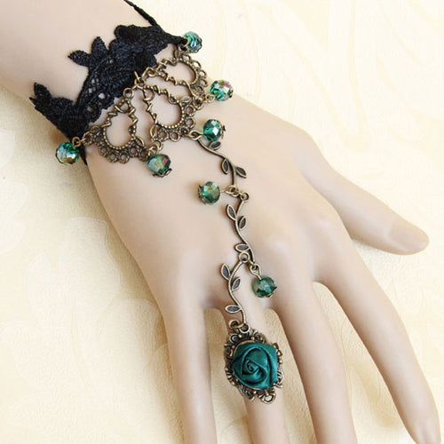 Black Lace Green Bead Gothic Lolita Bracelet Ring Jewelry