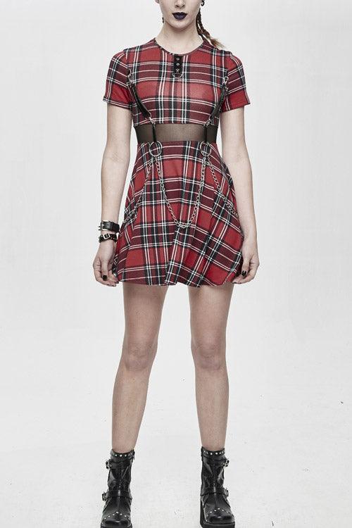 Red Plaid Mesh Stretchy Mid Length Scottish With Chains Gothic Womens Dress
