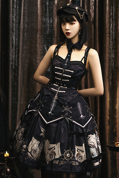 Black New Pirate Ship Print Full Set Gothic Lolita JSK Dress