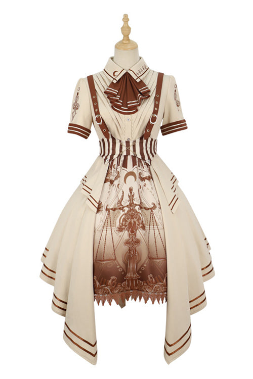 Beige British Style Short Sleeves Libra Print Cardigan Sweet Lolita Dress
