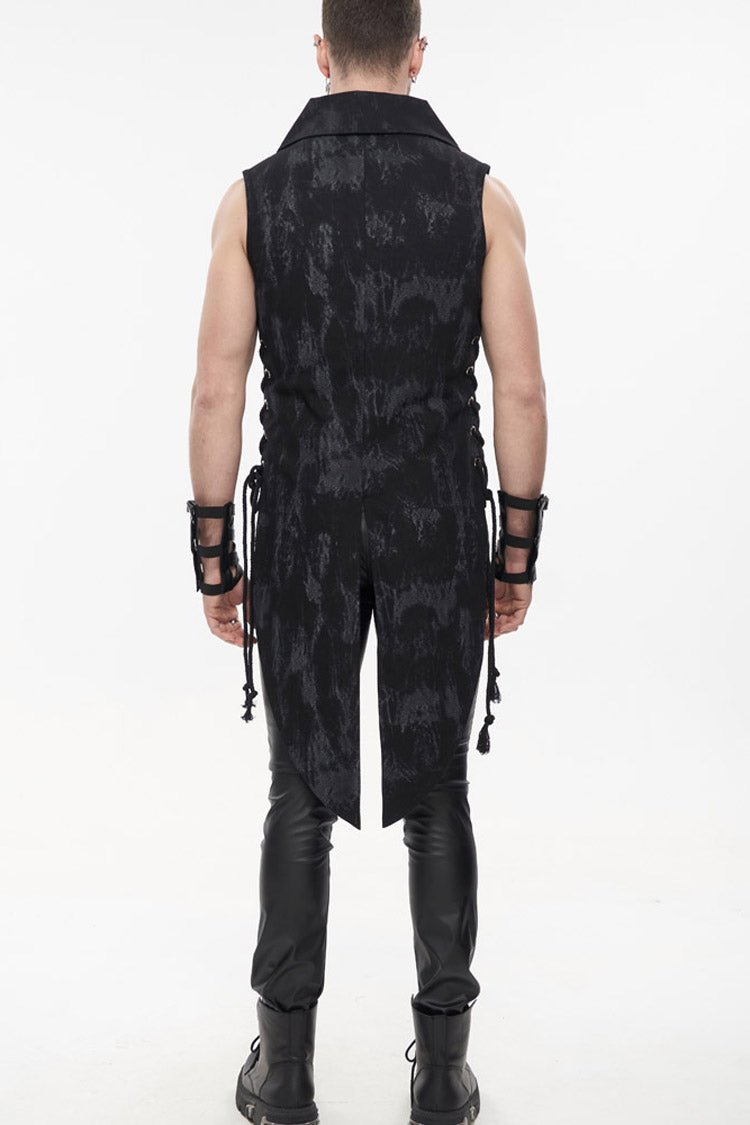 Black Punk Irregular Print D-Shaped Buckle Decoration Waist Side Slits Tied Rope Tight Zipper Men's Dovetail Vest