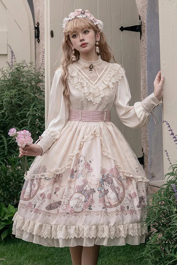 Apricot Rose Prologue Print Long Sleeves Ruffle Sweet Elegant Lolita Dress
