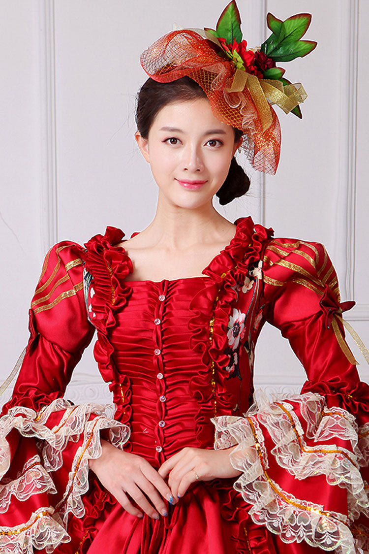 Half Sleeves Multi-Layer Trumpet Sleeves High Waisted Floral Print Victorian Lolita Prom Dress