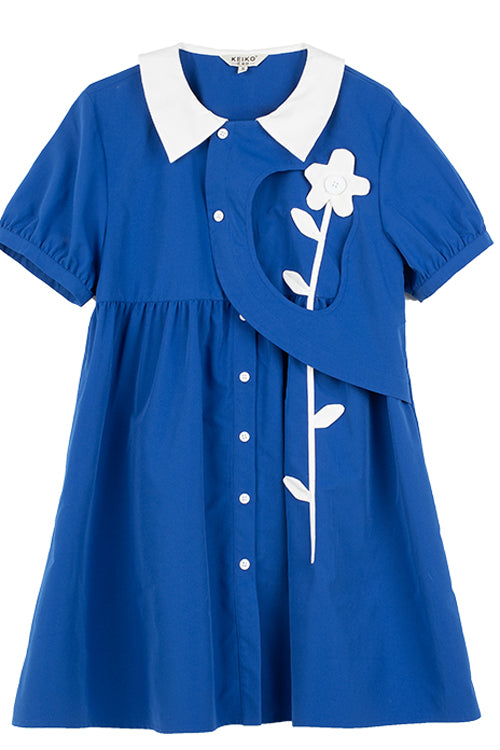 Blue Lapel Collar Short Sleeve High Waist Single Breasted Sweet Lolita Dress