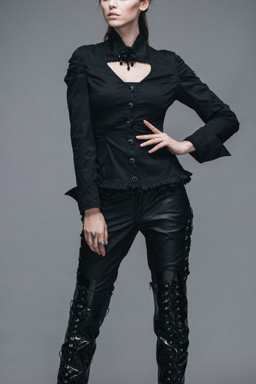 Schwarze Vintage-Bluse mit hohem Kragen und elastischer schmaler Gothic-Bluse für Damen