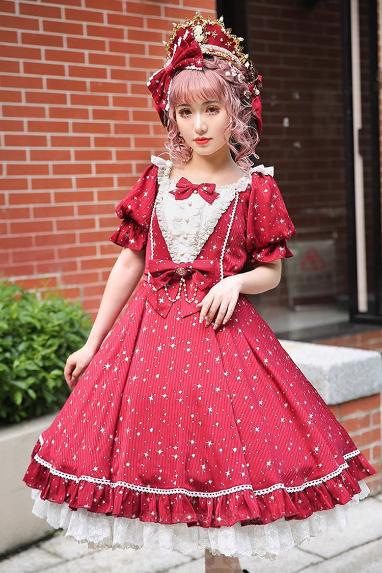 Midsummer Galaxy Shiny Star Print Short Sleeves Ruffle Bowknot Sweet Lolita OP Dress