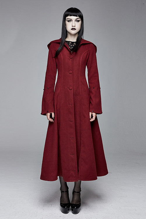 Red Gothic Party Woolen Hooded Sexy Women Long Coat