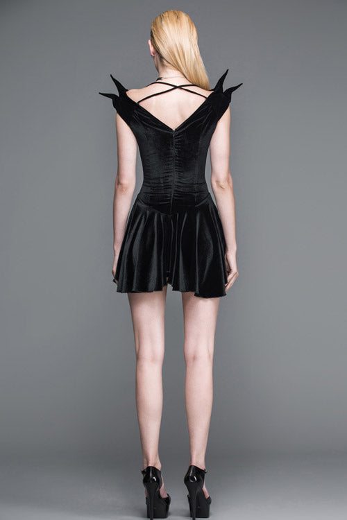 Black Little Devil Off The Shoulder Sexy Velvet Punk Womens Dress With Wings