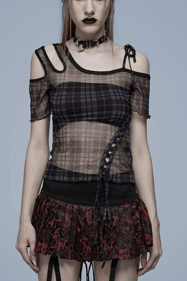 Asymmetrical Cutout Neckline Strap Design Plaid Mesh Women's Punk T-Shirt
