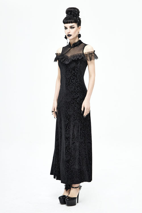 Black Cheongsam Velvet Three Dimensional Print Gothic Dress