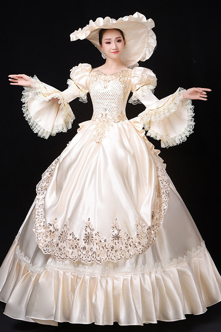 White Court Style High Waisted Flowers Decoration Hime Sleeves Victorian Lolita Prom Dress