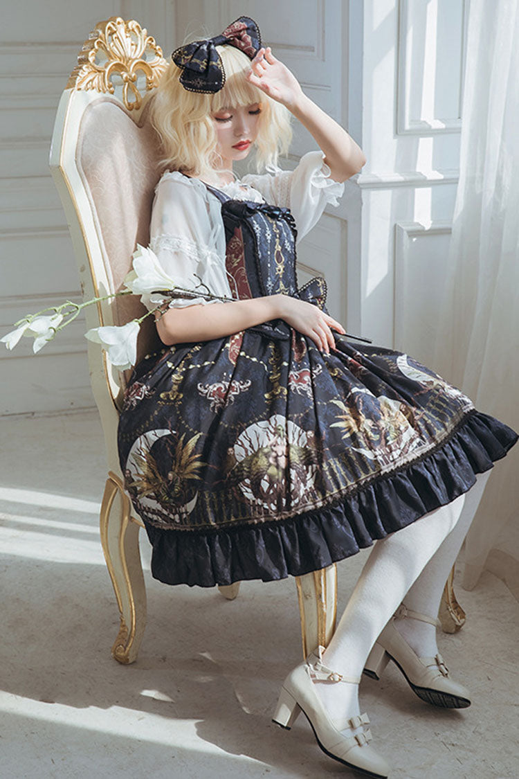 Dark Bule Bowknot Altar Of The Month Print Ruffled Classic Lolita Suspender Dress