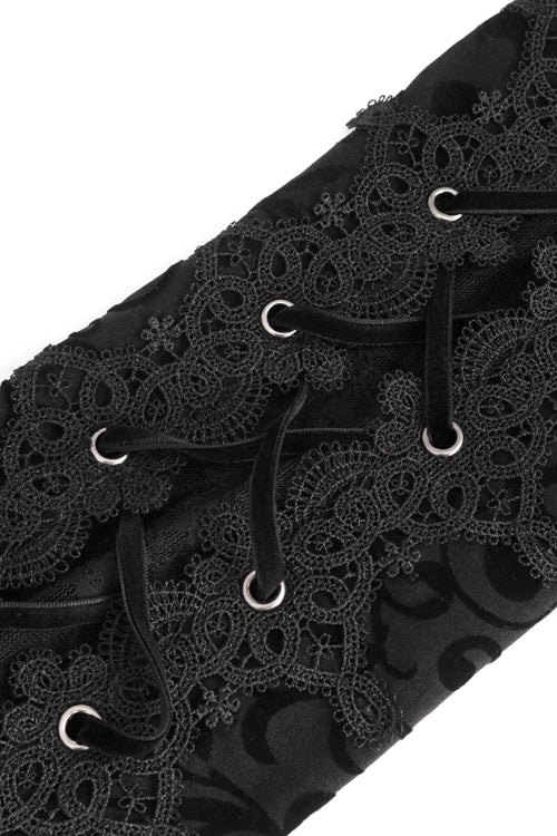 Schwarze Gothic-Hose mit Flockmuster und Schnürung, asymmetrische Seite