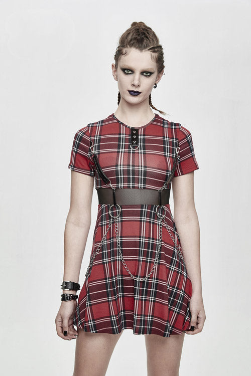 Red Plaid Mesh Stretchy Mid Length Scottish With Chains Gothic Womens Dress