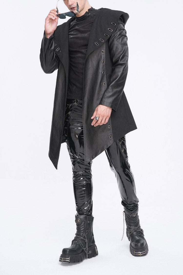 Black Irregular Eyelet Men's Gothic Jacket With Hood