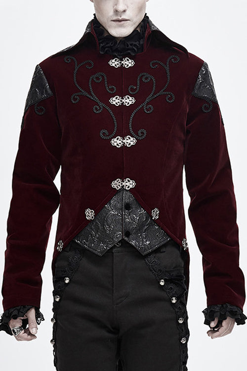 Red Vintage Embroidered Fake Two Pieces Gothic Mens Coat