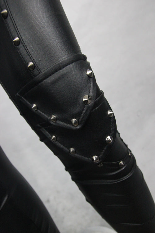 Black Sexy rivets coarse grain leather adjusted loops skinny Womens Pants